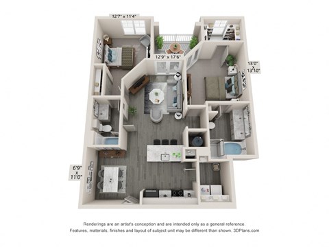 Floor plan for 2 beds, 2 baths, 1160 sqft